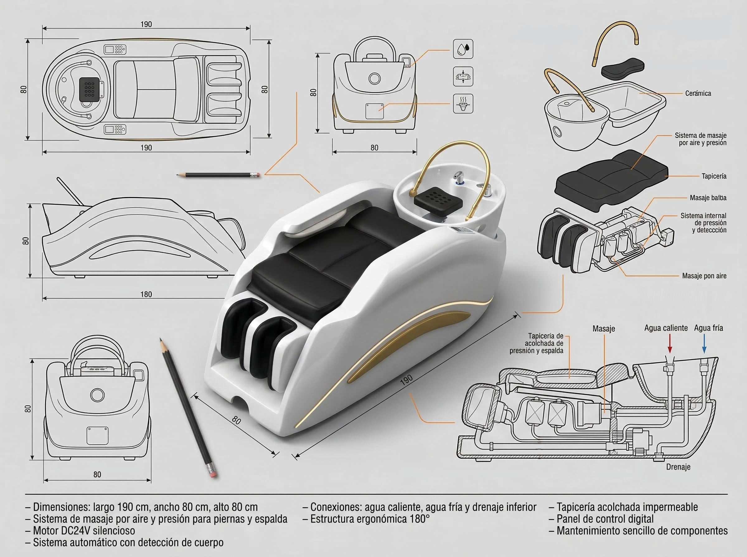 Especificaciones técnicas y dimensiones del lavacabezas premium
